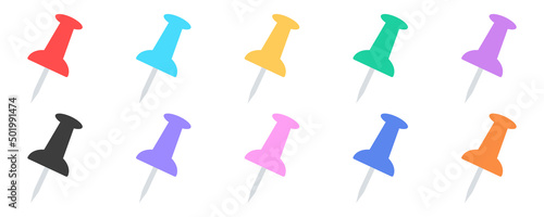 Colored set with office push pins on white background. Push pins to fix for notice on notice board. Vector collection.