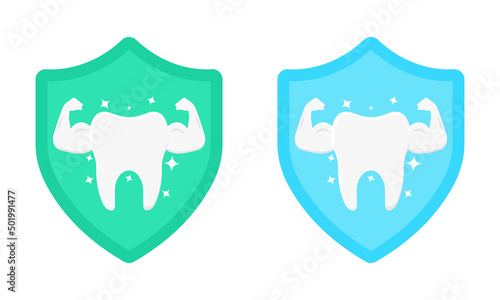 Vector illustration with strong tooth on shield. Healthy bright muscle tooth. Concept protection teeth.