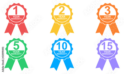 1, 2, 3, 5, 10, 15 years lifetime warranty vector icon set. Guarantee badge for product. Service guarantee labels.