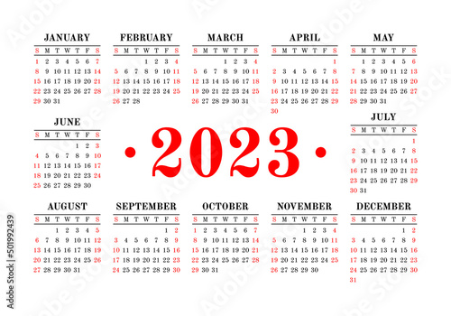 Vector calendar 2023 year. Landscape design. English horizontal wall or pocket calender template