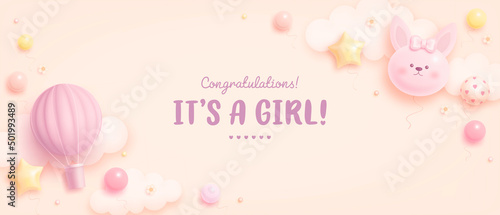 Baby shower horizontal banner with cartoon rabbit, hot air balloon, helium balloons and flowers on beige background. It's a girl. Vector illustration