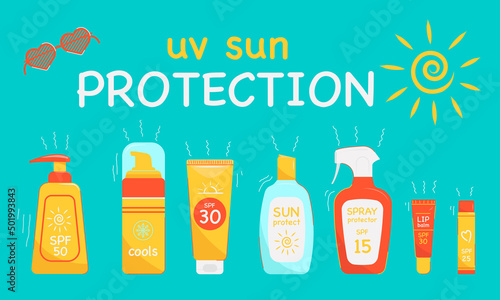 Set of sunscreen products. SPF UV protect beauty cosmetic.