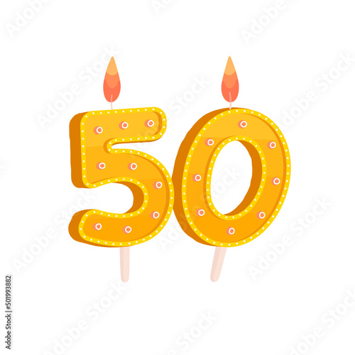 Birthday. Yellow candles on the cake. Anniversary date. 50 years old. Vector illustration.