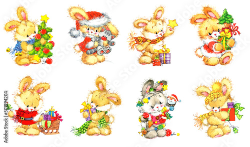 Fototapeta Naklejka Na Ścianę i Meble -  Set of Happy New Year 2023. Chinese New Year. The year of the Rabbit. Celebrations cards design with cute rabbits Watercolor illustration.