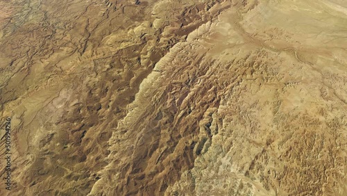 High altitude aerial top down plane view of Pakistan Balochistan also romanised as Baluchistan and Baluchestan is an arid desert and mountainous region in South and Western Asia 4k animation photo