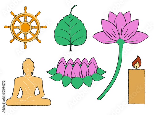Set of Vesak. Vesak items. Image of Buddha, lotus flowers, bodhi tree, candle and the wheel of law. Flat vector illustration