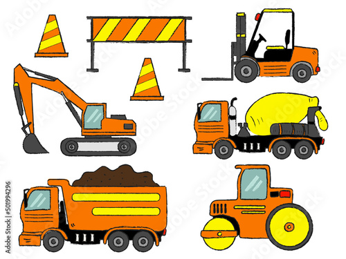 Set of the construction machinery vehicles and equipment. Truck, Dumper, Excavator, Cement mixer, Forklift, Road roller, Traffic cone, fence. Flat vector illustration.