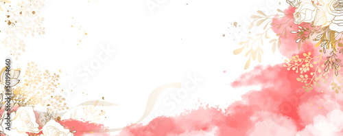 Luxurious golden wallpaper. Banner with rose flowers. Watercolor pink spots on a white background. Bright golden flowers and twigs. vector file.