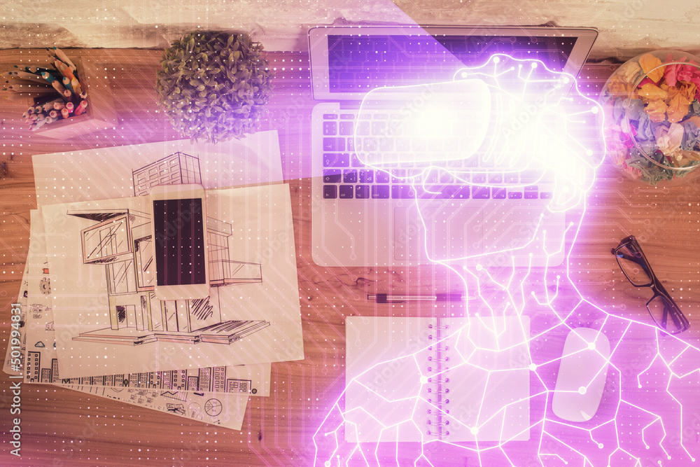 AR hologram drawings over computer on the desktop background. Top view. Multi exposure. Concept of augmented reality. AR hologram drawings over computer on the desktop background. Top view. Multi exposure. Concept of augmented reality.