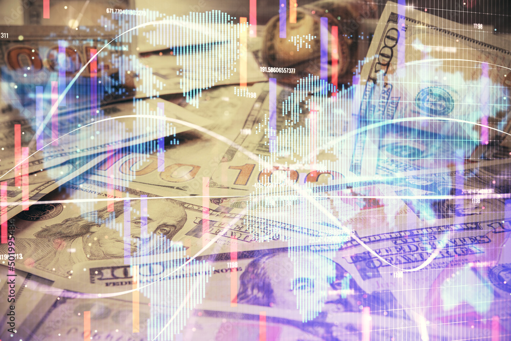 Multi exposure of business theme drawing over us dollars bill background. Concept of financial success. Multi exposure of business theme drawing over us dollars bill background. Concept of financial success.