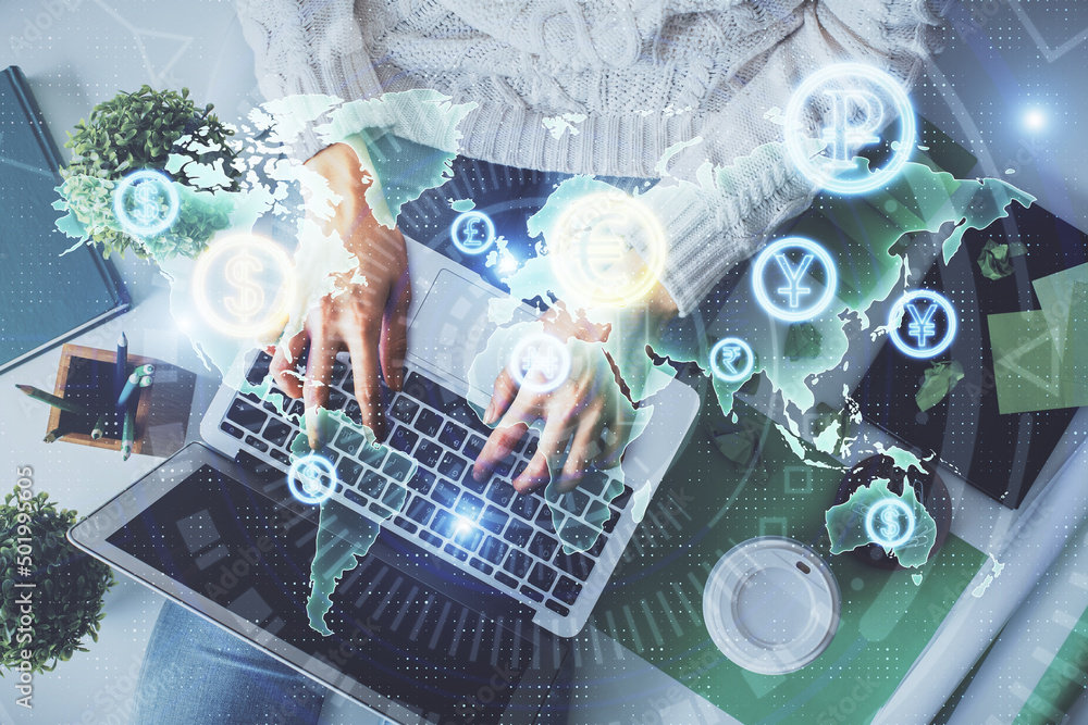 Double exposure of woman hands working on computer and forex chart hologram drawing. Top View. Financial analysis concept. Double exposure of woman hands working on computer and forex chart hologram drawing. Top View. Financial analysis concept.