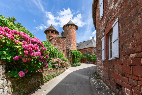 Rhododendrons adorn red sandstone fence along pavement leading to 16 century Ramade de Friac house with two watchtowers of Collonges-la-Rouge village, Correze, New Aquitaine, France photo