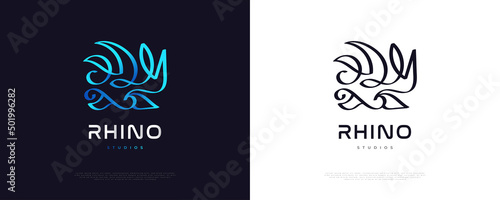 Abstract Blue Rhino Logo Design. Rhinoceros Logo with Hand Drawn Style
