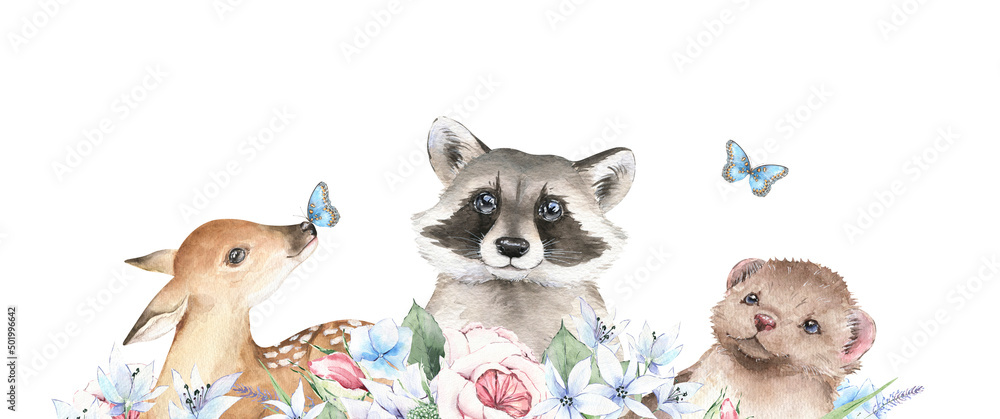 Obraz premium Watercolor floral border and wild animals illustration. Cute little deer, raccoon, ferret and butterflies composition on white background. For prints, postcards, greeting cards, textile, invitations