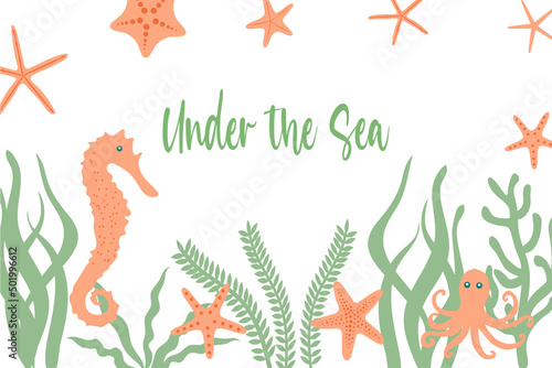 Hand drawn vector abstract cartoon summer time graphic illustration background template with ocean bottom, coral reef, seaweed and under the sea typography quote isolated on white background