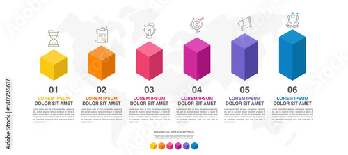 Vector isometric infographics with 6 columns. Business concept graphic process template with six steps and icons. Graphic timeline for step by step for the app, website, levels, diagram, presentations