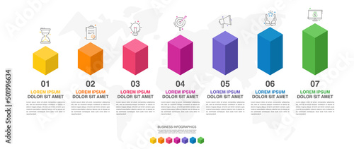 Vector isometric infographics with 7 columns. Business concept graphic process template with seven steps and icons. Graphic timeline for step by step for the app, website, interface, chart