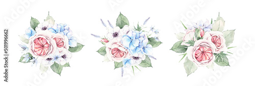 Watercolor floral bouquets set. Pink and blue flowers, green leaves and branches isolated on white background. For wedding designs, postcards, greeting cards, invitations