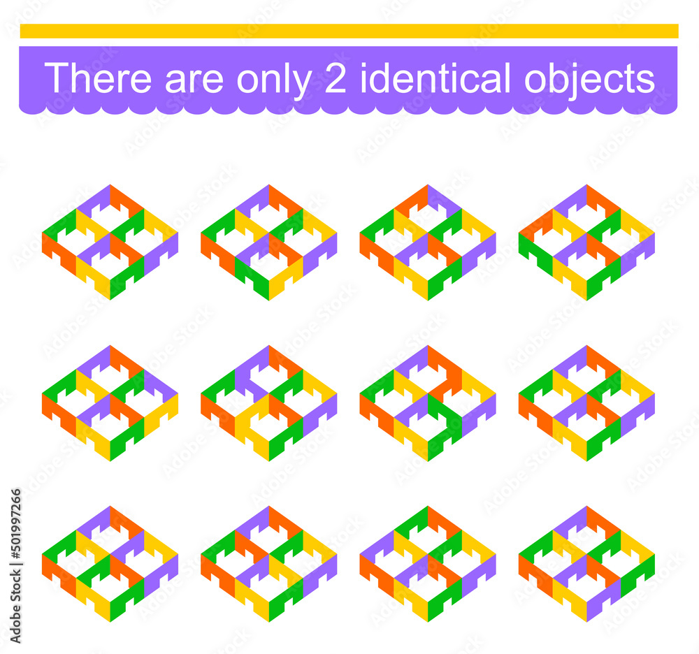 Logical game. Need to find two identical objects. Visual intelligence. Vector illustration Logical game. Need to find two identical objects. Visual intelligence. Vector illustration