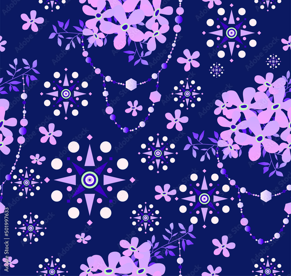Cute and feminine seamless pattern with small flowers and embellishments made of beads and geometric shapes. Great print for trendy fabrics Cute and feminine seamless pattern with small flowers and embellishments made of beads and geometric shapes. Great print for trendy fabrics