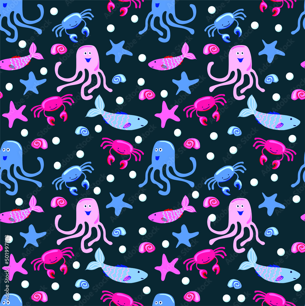 Obraz premium Cheerful seamless vector pattern with sea animals, crabs, fishes and octopuses. Background for printing on fabrics and paper