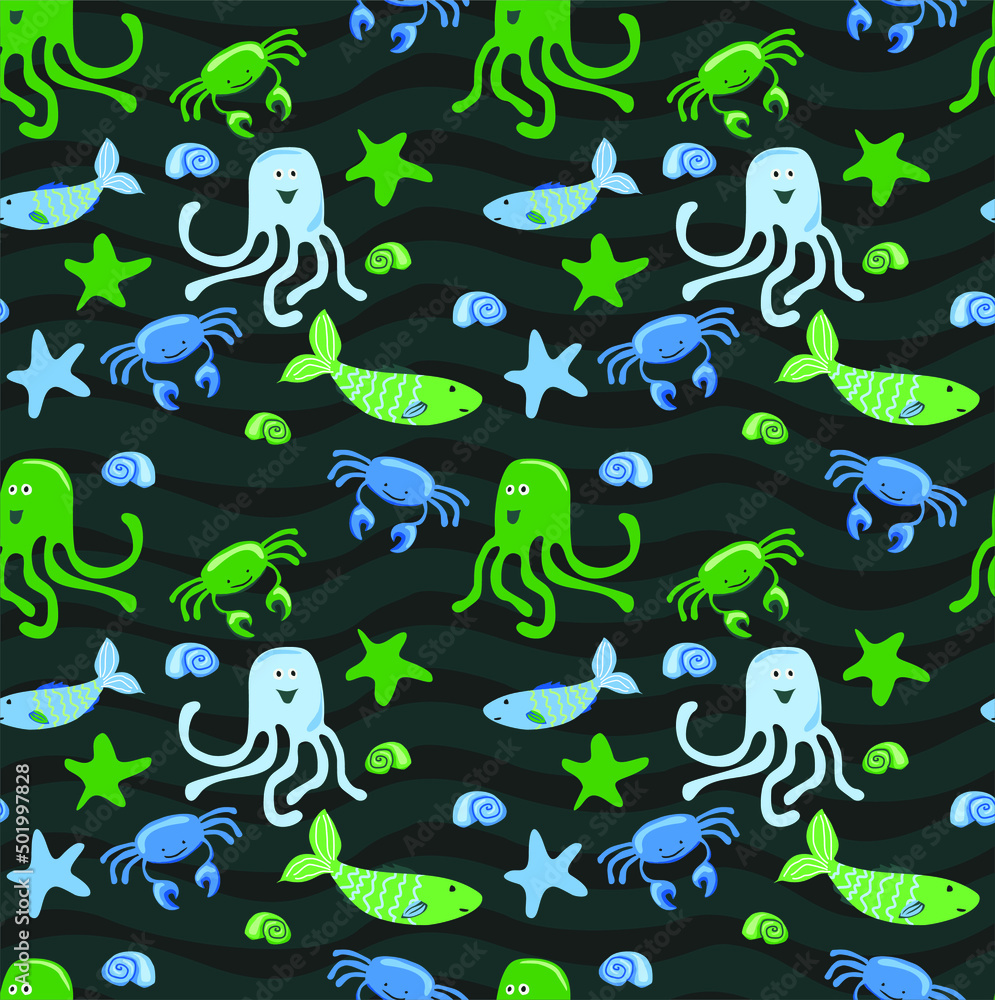 Fototapeta premium Cheerful seamless vector pattern with sea animals, crabs, fishes and octopuses. Background for printing on fabrics and paper