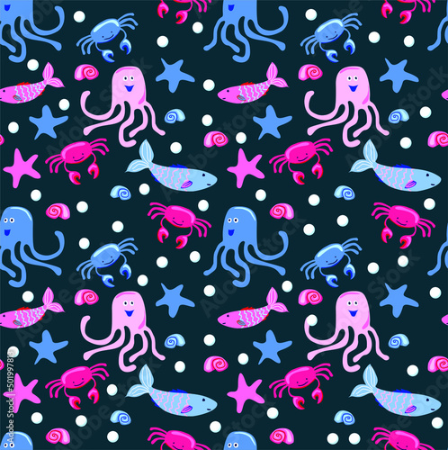 Cheerful seamless vector pattern with sea animals, crabs, fishes and octopuses. Background for printing on fabrics and paper