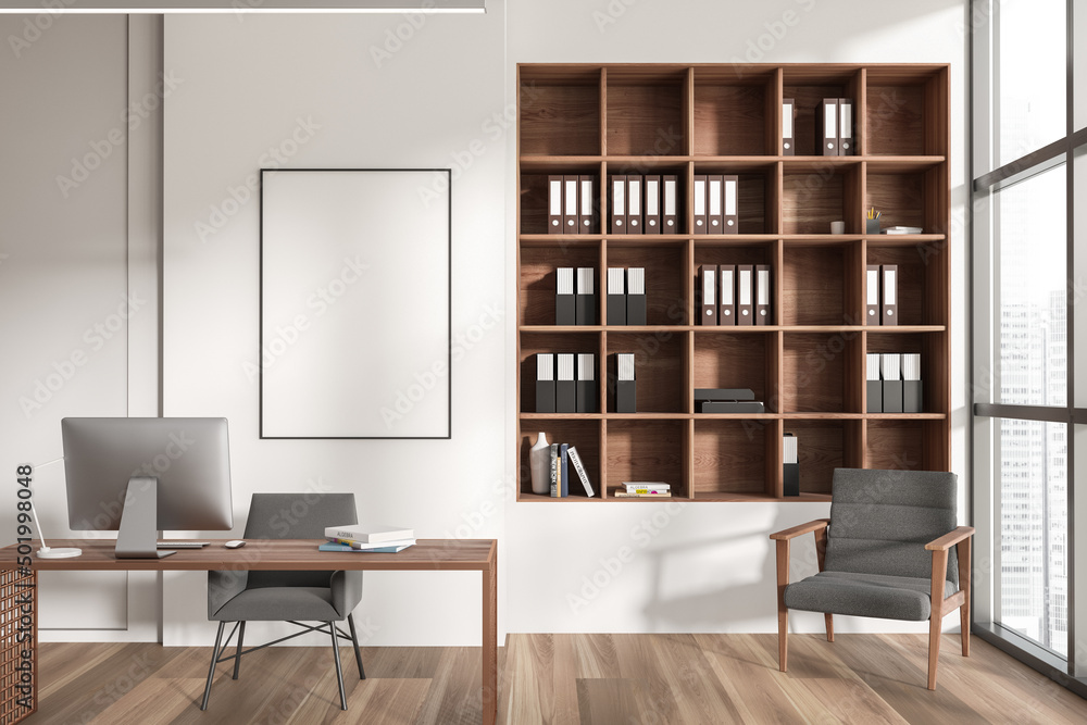 Fototapeta premium Close up view on bright office interior with white poster