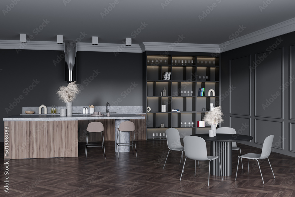Corner view on dark kitchen interior with island with barstools, Corner view on dark kitchen interior with island with barstools,