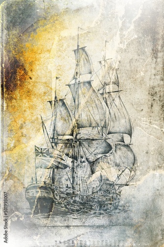 Photo Antique boat sea motive drawing handmade illustration art vintage drawing