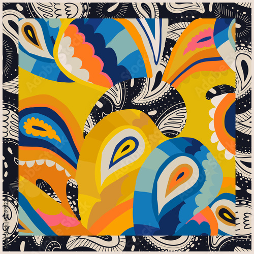 Modern hand drawn collage paisley scarf print. Abstract trendy ethnic style. Fashionable vector template for your design. 