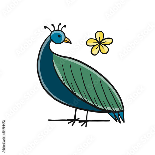 Art Peacock character isolated on white, sketch for your design
