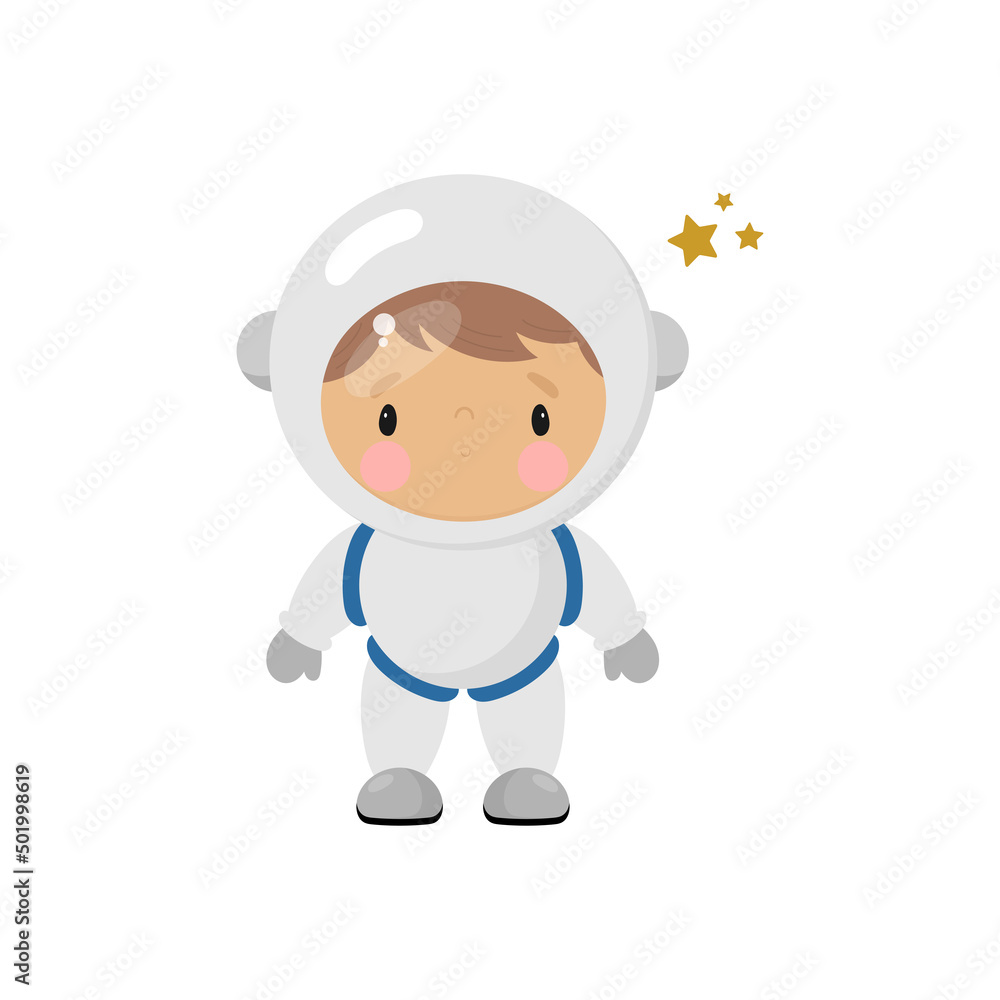 Cute Cosmonaut. Cartoon style. Vector illustration. For card, posters, banners, children books, printing on the pack, printing on clothes, fabric, wallpaper, textile or dishes. Cute Cosmonaut. Cartoon style. Vector illustration. For card, posters, banners, children books, printing on the pack, printing on clothes, fabric, wallpaper, textile or dishes.