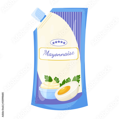 Plastic bag with classic mayonnaise and on the label with eggs and parsley green . A pack of barbecue sauce, picnic, apps, games, banner, advertising, fast food restaurant.