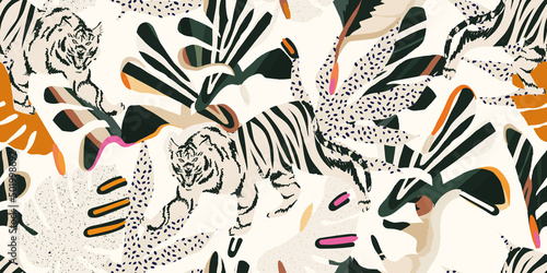 Hand drawn abstract jungle pattern with tigers. Artistic collage contemporary seamless pattern. Fashionable template for design.