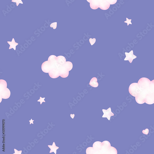 Watercolor baby seamless pattern with pink clouds and stars