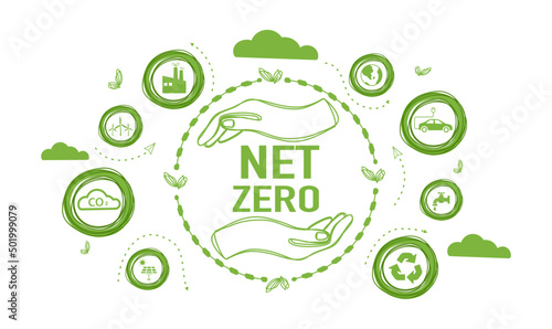 Net zero and carbon neutral concept in hand. Net zero greenhouse gas emissions target. Climate neutral long term strategy with green net zero icon and green icon on green circles doodle background.	
