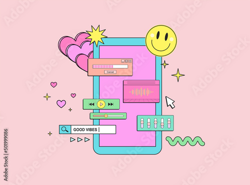 Smartphone with musical user interface elements in retro style.