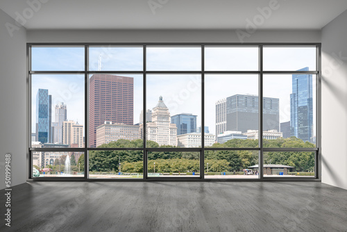 Downtown Chicago City Skyline Buildings from High Rise Window. Beautiful Expensive Real Estate overlooking. Epmty room Interior Skyscrapers View in Penthouse Cityscape. Day time. 3d rendering.