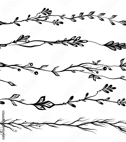 Vector set of monochrome seamless herb borders. Brush set of black silhouette twigs and flowers isolated from the background.