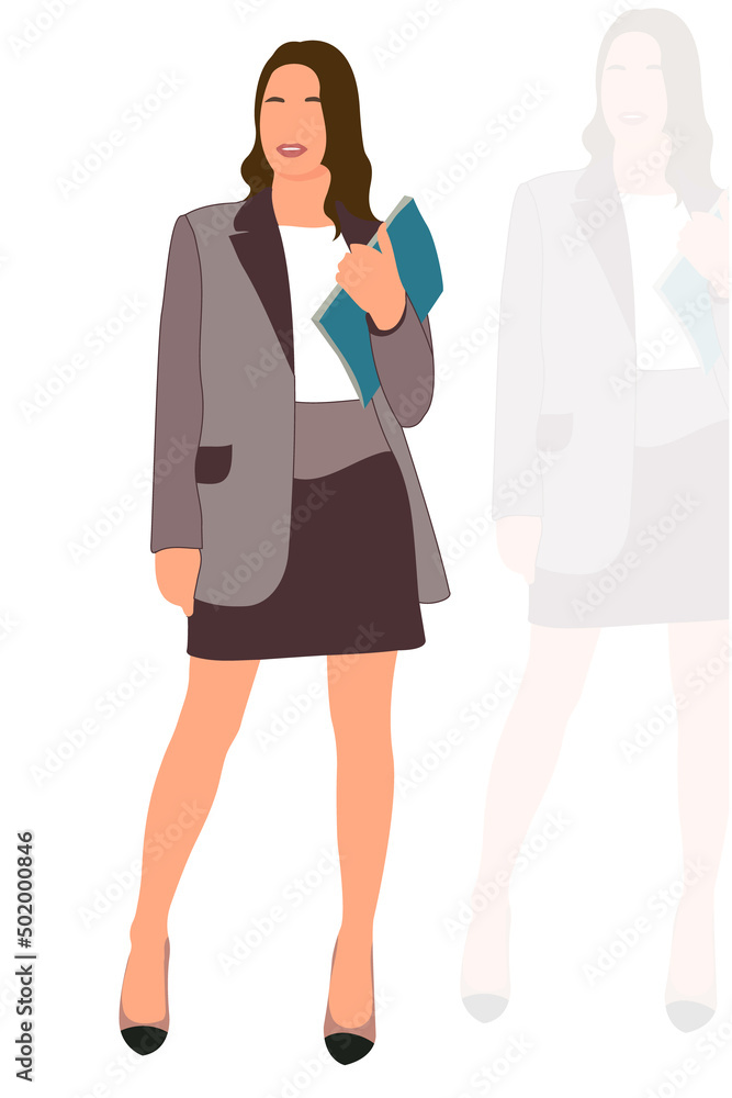 Young slim stylish girl in fashionable suit standing. Adult grown model. Isometric flat style. Young slim stylish girl in fashionable suit standing. Adult grown model. Isometric flat style.