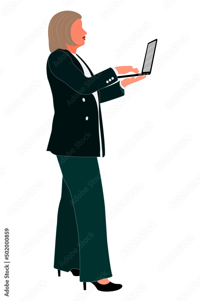Young slim stylish girl in fashionable suit standing. Adult grown model. Isometric flat style. Young slim stylish girl in fashionable suit standing. Adult grown model. Isometric flat style.