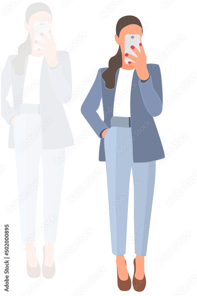Young slim stylish girl in fashionable suit standing. Adult grown model. Isometric flat style. Young slim stylish girl in fashionable suit standing. Adult grown model. Isometric flat style.