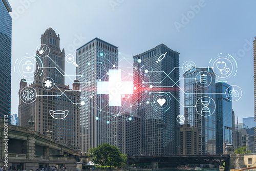 Panorama cityscape of Chicago downtown and Riverwalk, boardwalk with bridges at day time, Illinois, USA. Health care digital medicine hologram. The concept of treatment and disease prevention