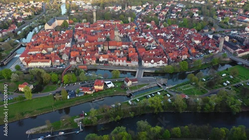 Aerial view around the old town of Hann. muenden on an late spring sunny afternoon photo