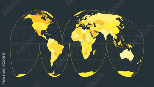 World Map. Goode's interrupted Mollweide projection. Futuristic world illustration for your infographic. Bright yellow country colors. Cool vector illustration.