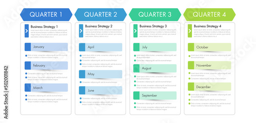 Infographic business year plan tenmplate and breakdown details 4 quarter can be use for a presentation about business plan.