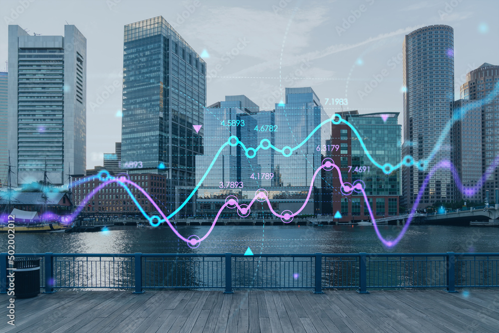 Panorama city view of Boston Harbor at day time, Massachusetts. Building exteriors of financial downtown. Glowing FOREX graph hologram. The concept of international trading and fundamental analysis Panorama city view of Boston Harbor at day time, Massachusetts. Building exteriors of financial downtown. Glowing FOREX graph hologram. The concept of international trading and fundamental analysis