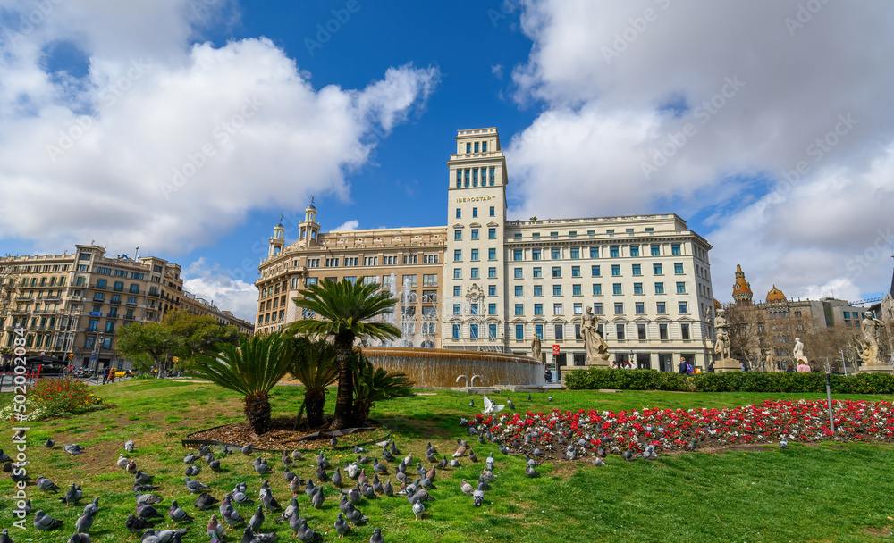 Barcelona, Spain. Placa de Catalunya (Catalonia Square) a large square in central Barcelona that's considered to be the city centre. most beautiful square 