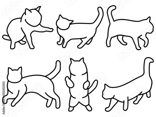 猫の白いシルエット6点セット。歩く、見つめる、触る猫たち